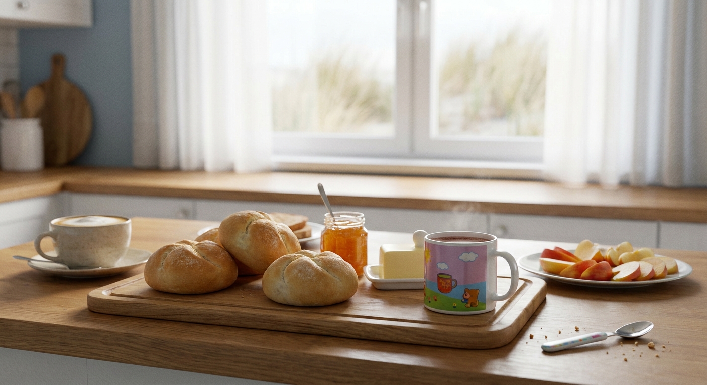 GemĂŒtlicher FrĂŒhstĂŒckstisch mit Brötchen und Kindertasse in heller FerienwohnungskĂŒche
