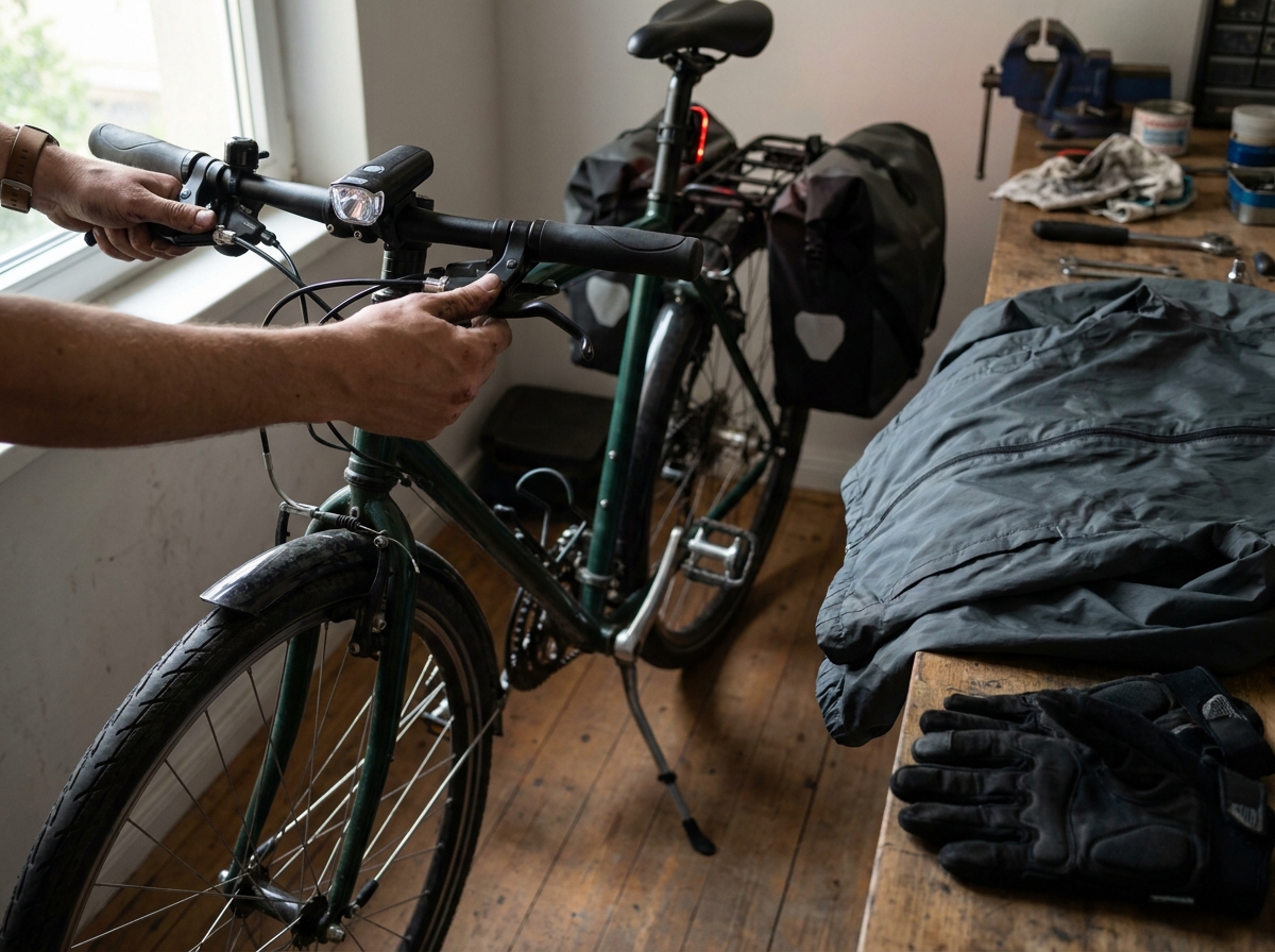 Trekkingrad mit Schutzblechen, Gepäcktasche und Beleuchtung wird vor dem Pendeln kontrolliert