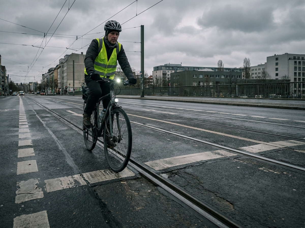 Radfahrer überquert Straßenbahnschienen in Berlin im rechten Winkel, trägt Helm und reflektierende Kleidung