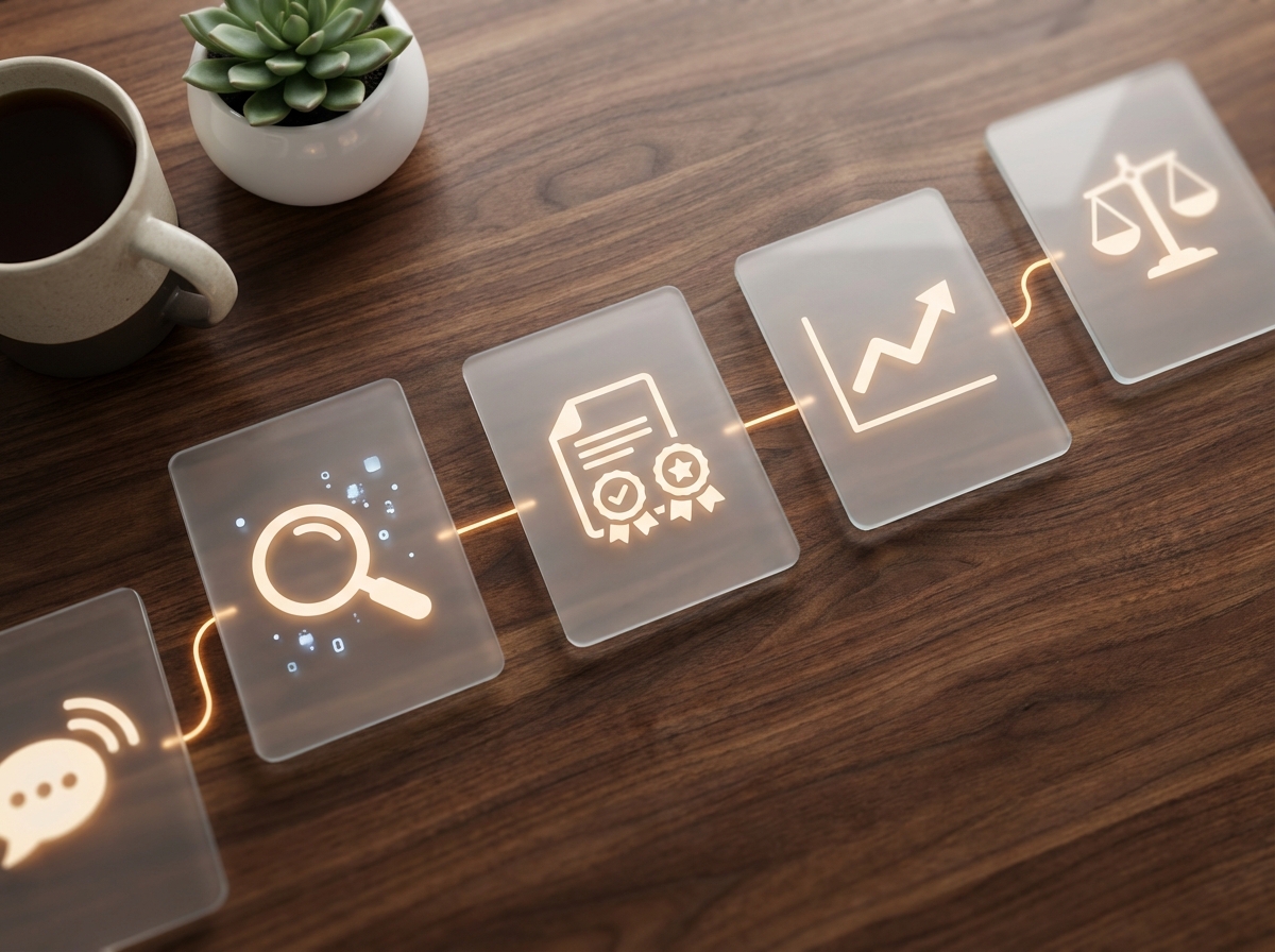 FĂĽnf beleuchtete Glaselemente auf einem Schreibtisch zeigen KI-Einsatzfelder im Recruiting-Prozess