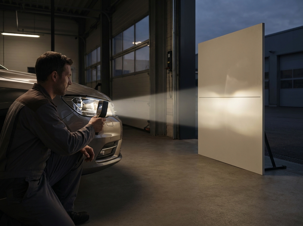 Techniker misst die Scheinwerfereinstellung eines Autos mit einem Lichteinstellgerät in der Werkstatt