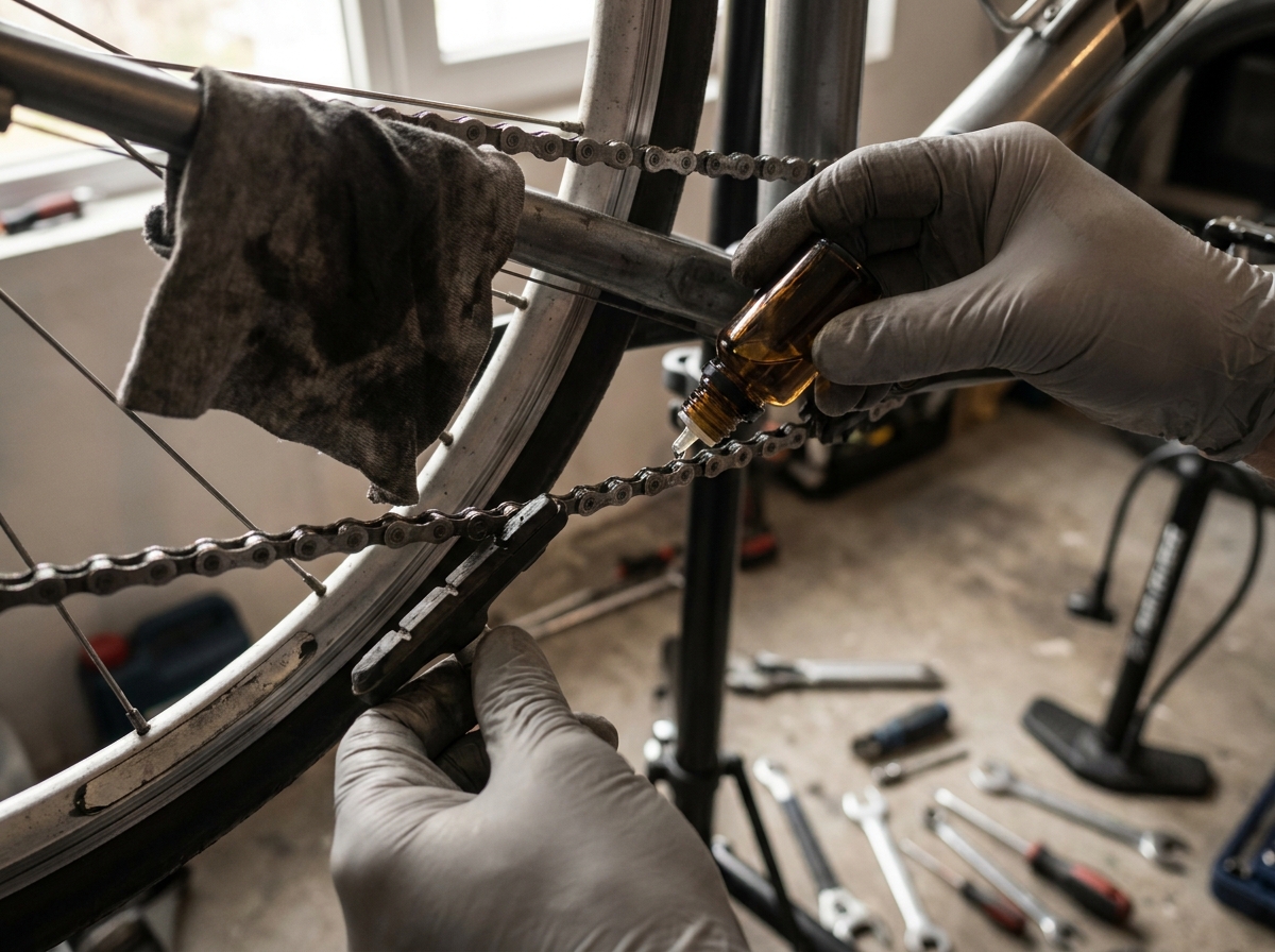 Fahrradkette wird geölt und Bremsbelag auf Verschleiß geprüft