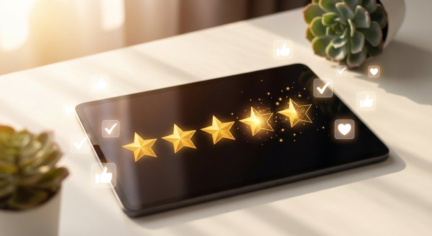 Tablet zeigt Bewertungsverbesserung von drei auf fünf goldene Sterne mit Review-Symbolen