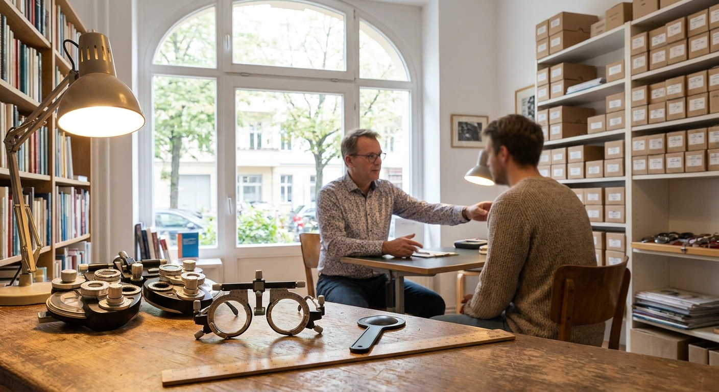 Beratungsgespräch und Messgeräte in einem inhabergeführten Berliner Optikergeschäft während eines gründlichen Sehtests