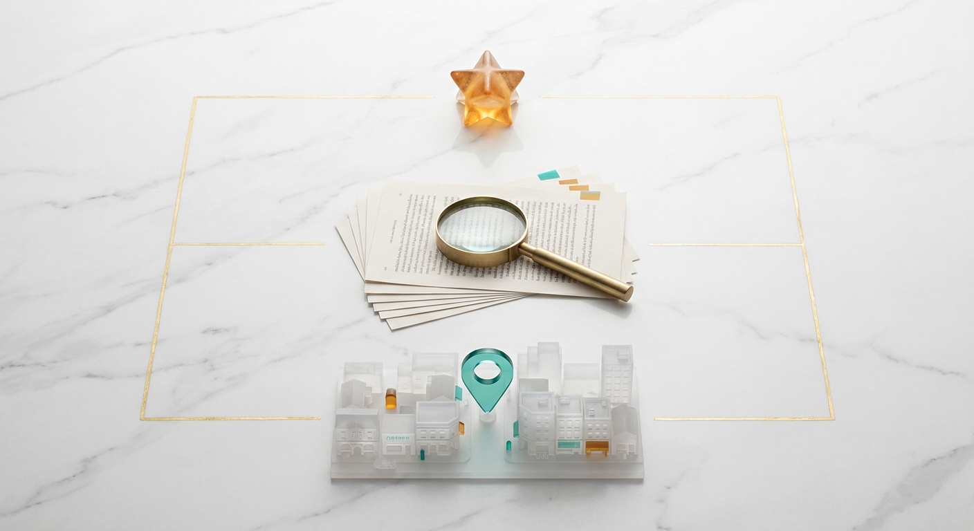 Drei visualisierte Sichtbarkeitswege für KI-Systeme als physische Objekte auf weißer Marmorplatte arrangiert