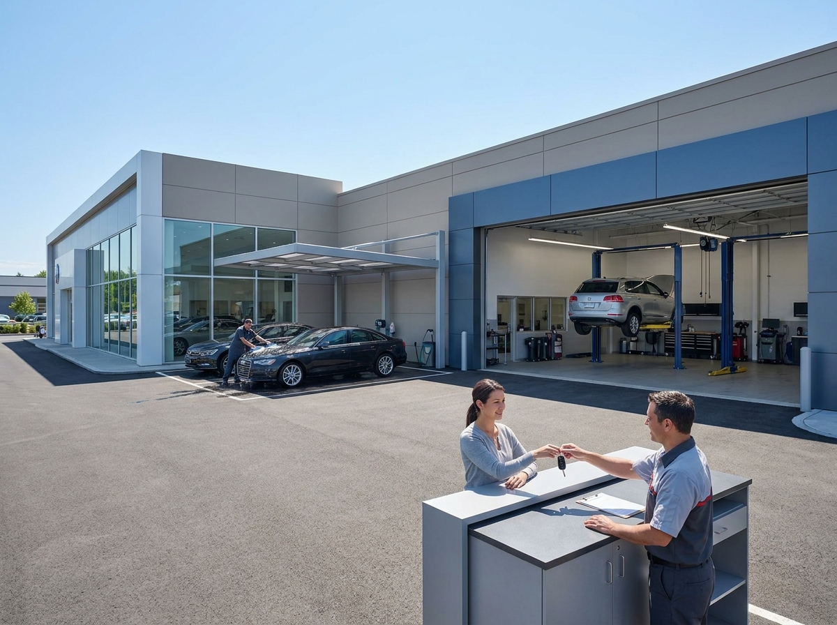 Auto am Serviceplatz eines Autohauses, daneben Werkstatthalle mit Fahrzeug auf Hebebühne