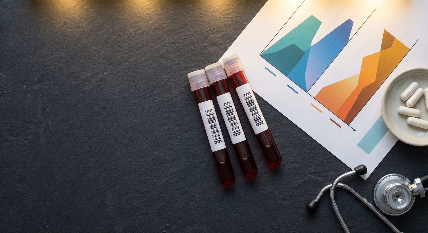 Flatlay mit Blutprobenröhrchen, Biomarker-Diagramm und Nahrungsergänzungskapseln auf dunkler Oberfläche
