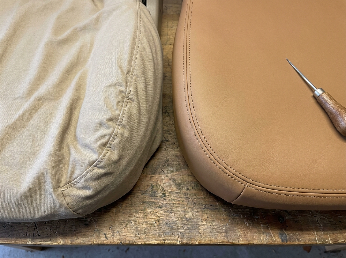 Vergleich von lose sitzendem Standardbezug und straff genähtem Maßbezug mit exakter Doppelnaht am Sitzpolster