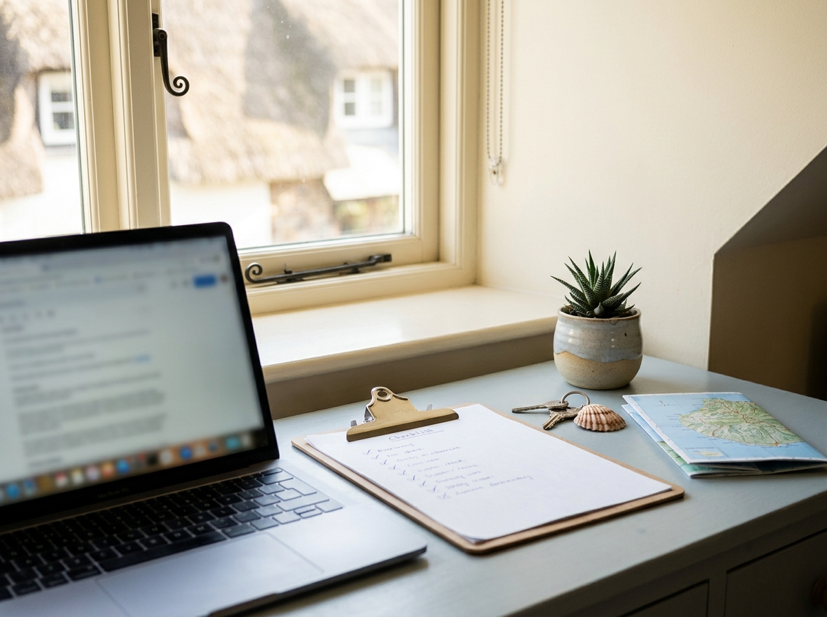 Schreibtisch mit Laptop, Checkliste und SchlĂŒssel in einer gemĂŒtlichen Ferienwohnung