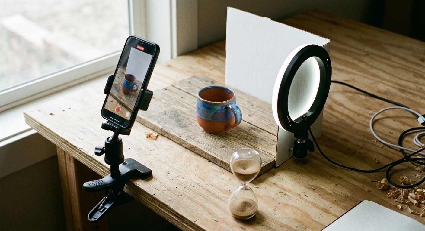 Minimalistisches Smartphone-Setup filmt Produkt, Sanduhr betont erste Sekunden