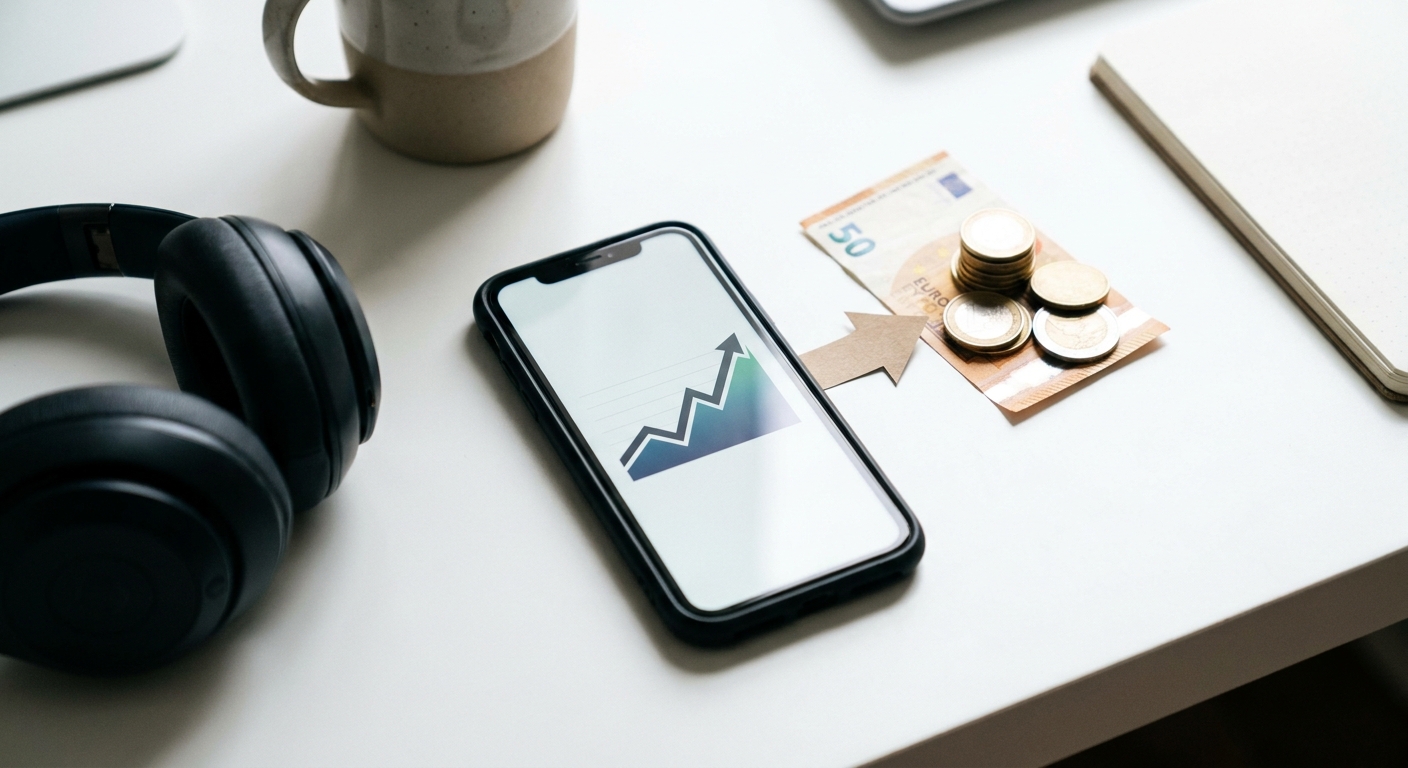 Arbeitstisch mit Smartphone, steigender Kurve, Münzen und Kopfhörern für Reichweitenaufbau