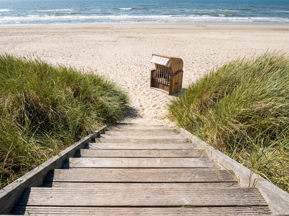 Holztreppe führt durch Dünen zu einem breiten Sandstrand mit Strandkorb