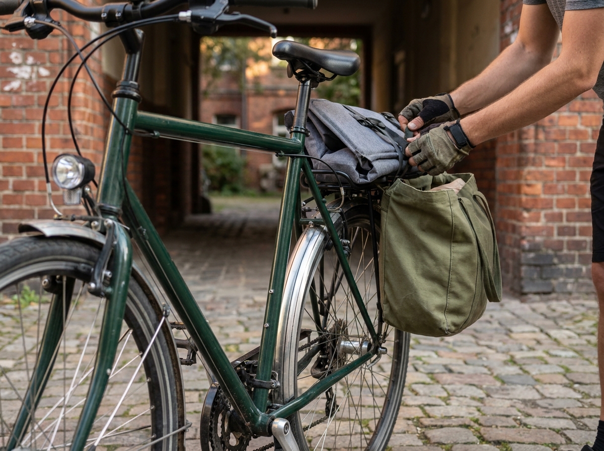 Trekkingrad mit Gepäckträger, Kindersitz und Einkaufstasche im Berliner Hinterhof