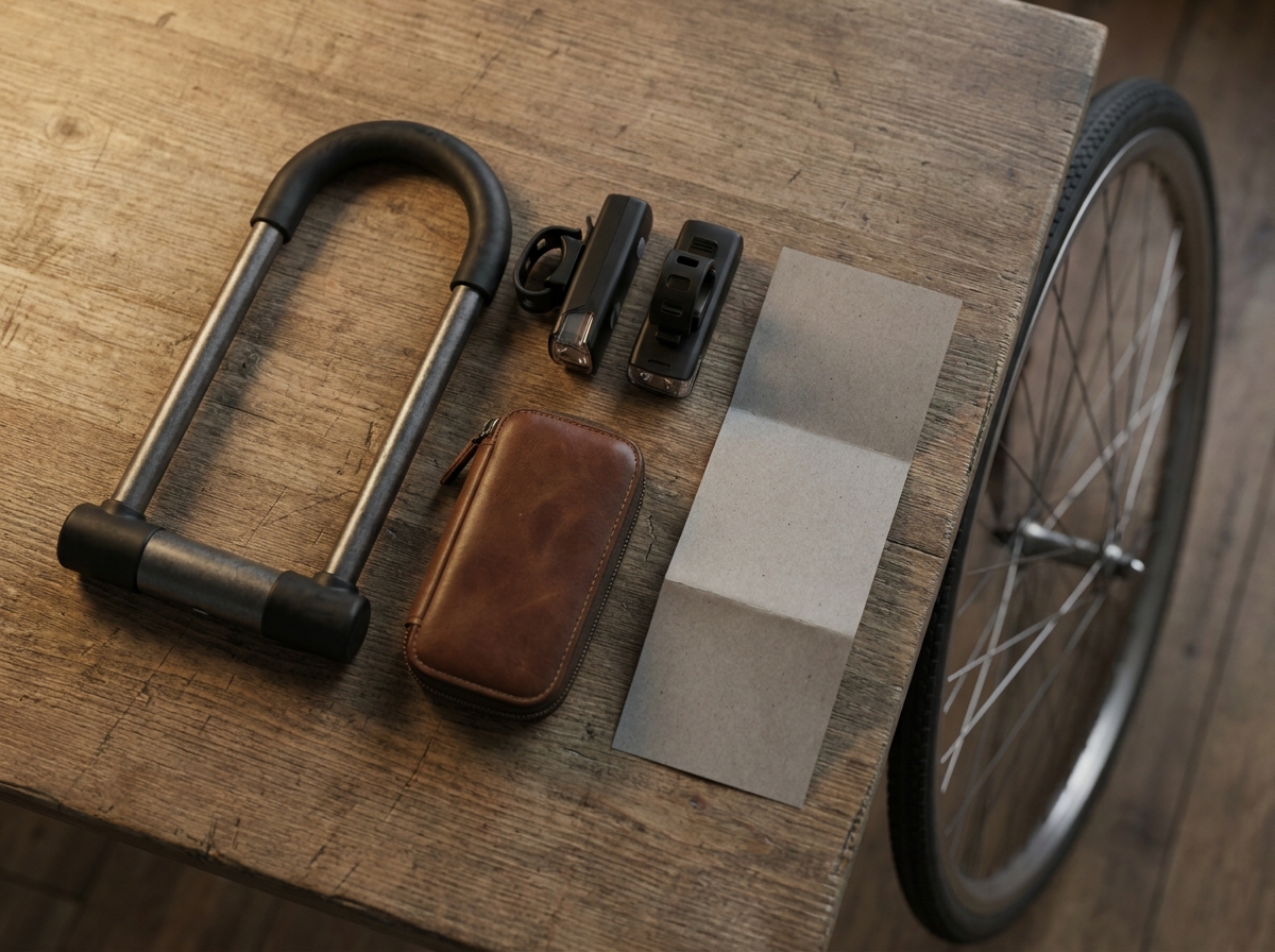 Fahrradschloss, Beleuchtung und Werkzeugtasche als Folgekosten neben umgedrehtem Kaufbeleg
