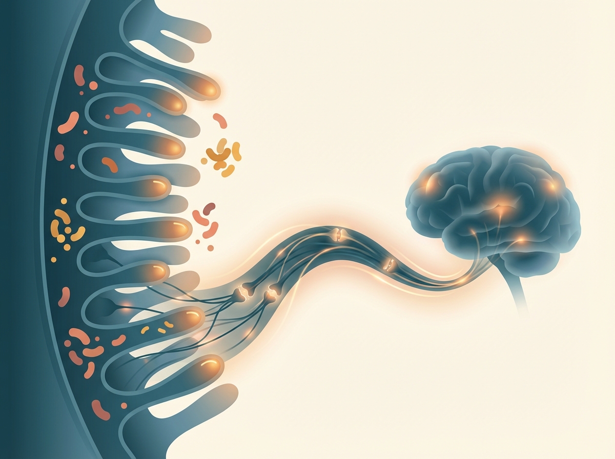 Illustration der Darm-Hirn-Achse mit Darmflora und neuronaler Verbindung zum Gehirn