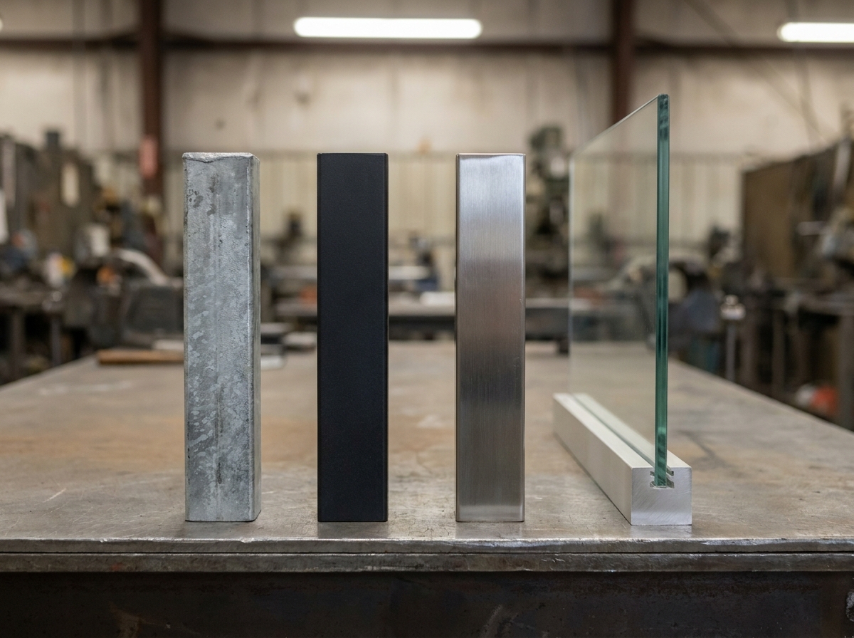 Vier Werkstoffproben für Balkongeländer: verzinkter Stahl, beschichteter Stahl, Edelstahl und Aluminium mit Glasfüllung