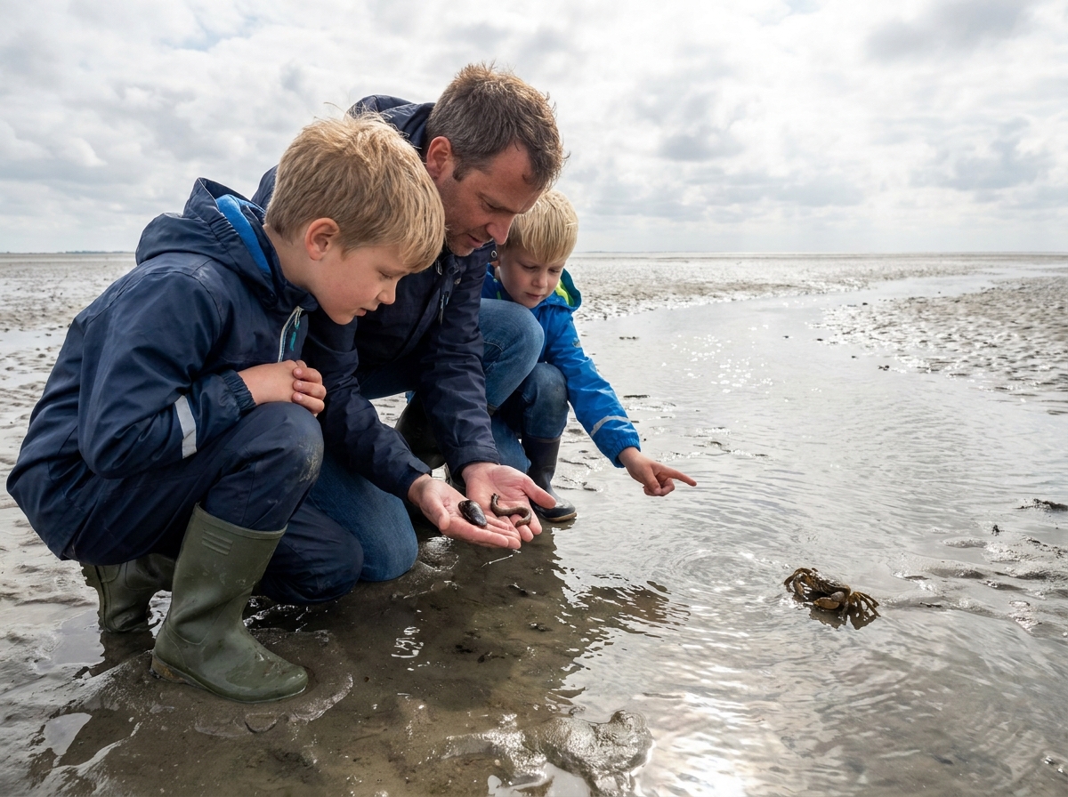 Familie entdeckt bei einer Wattwanderung Muscheln und Krebse im feuchten Sand