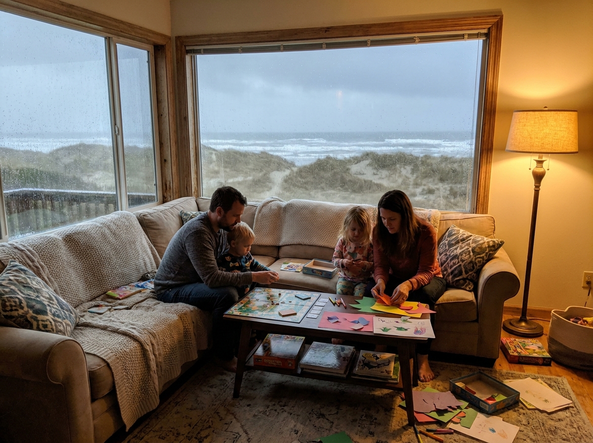 Familie spielt und bastelt gemütlich auf dem Sofa während es draußen regnet