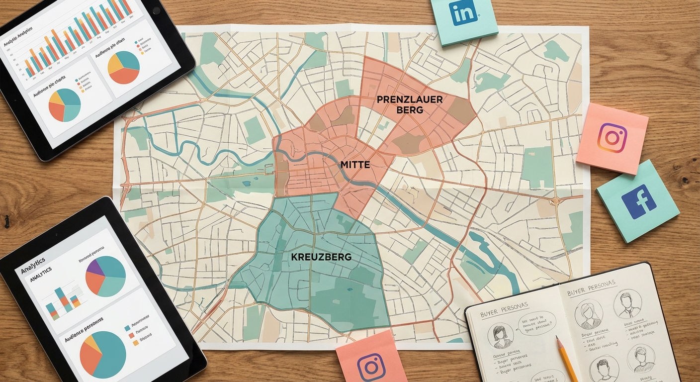 Berliner Stadtteilkarte mit Zielgruppen-Analyse-Tools und Notizen auf einem Holztisch