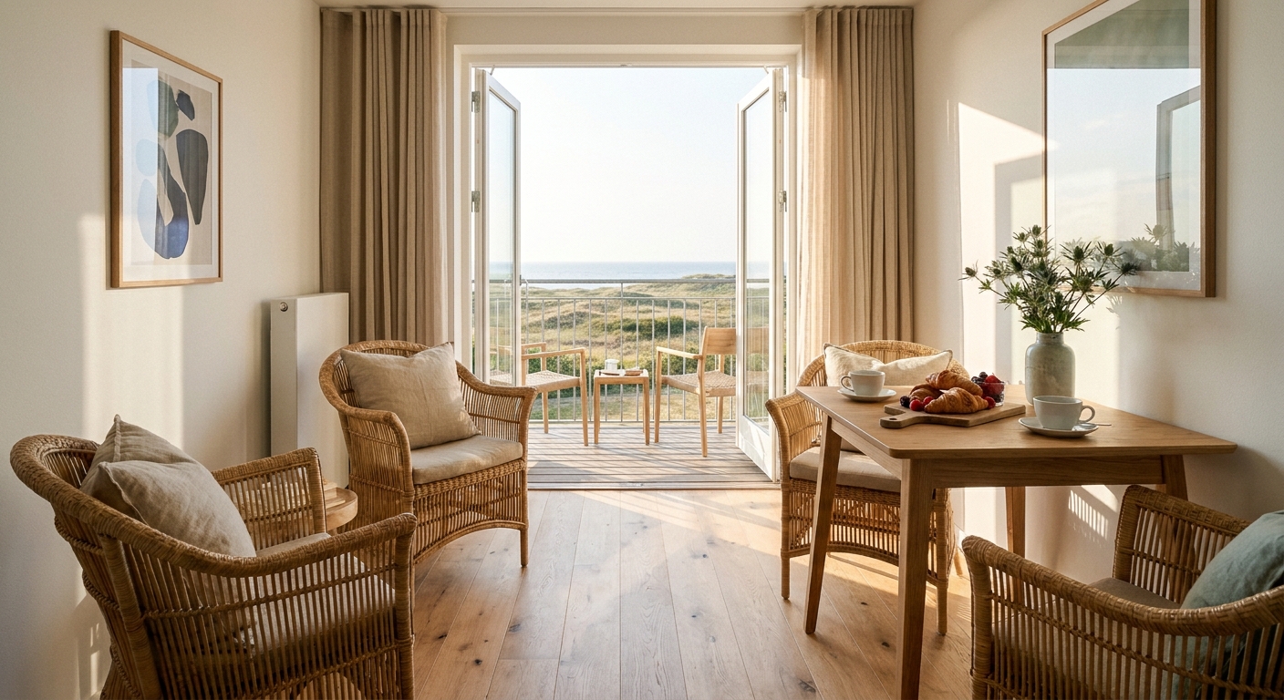 Stilvolle Ferienwohnung mit Echtholzboden und FrĂŒhstĂŒck fĂŒr zwei auf dem Balkon mit DĂŒnenblick