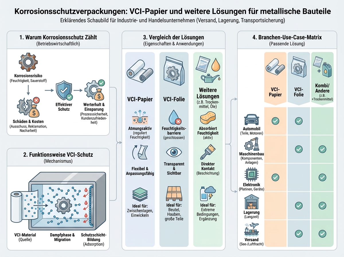 Schaubild: Korrosionsschutzverpackungen: VCI-Papier und weitere Lösungen für metallische Bauteile