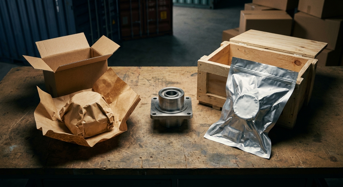 Metallbauteil in zwei Verpackungsvarianten für kurzen Inlandsversand und langen Seetransport
