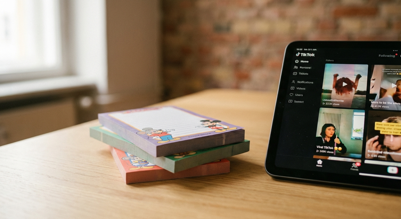 Vintage-Duftblöcke neben Tablet mit Social-Media-Feed auf Holztisch im Berliner Altbau