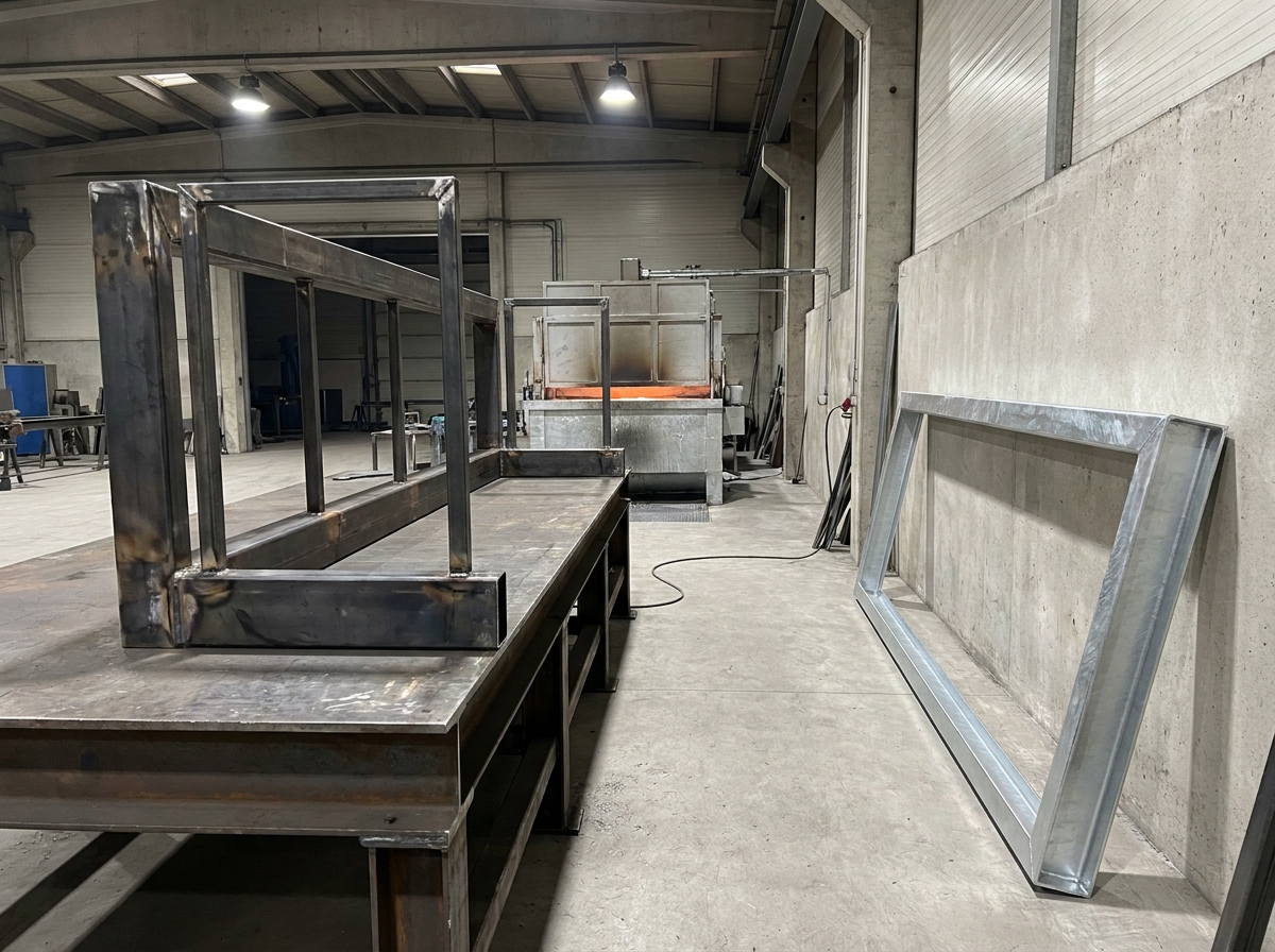 Stahlbalkonrahmen in Metallwerkstatt neben Feuerverzinkungskessel und fertigem verzinkten Bauteil