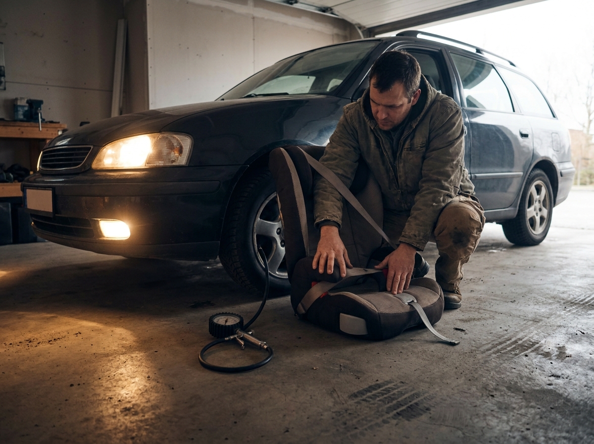 Vater prüft im Garagenlicht den festen Sitz eines Kindersitzes neben eingeschaltetem Scheinwerferlicht des Familienautos