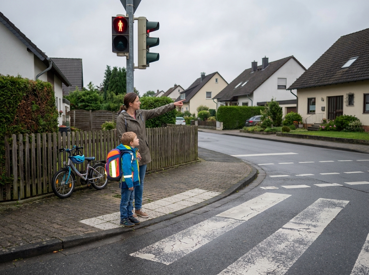 Mutter und Kind bleiben an einer roten Ampel stehen, im Hintergrund lehnt ein Fahrrad mit Helm an einem Zaun