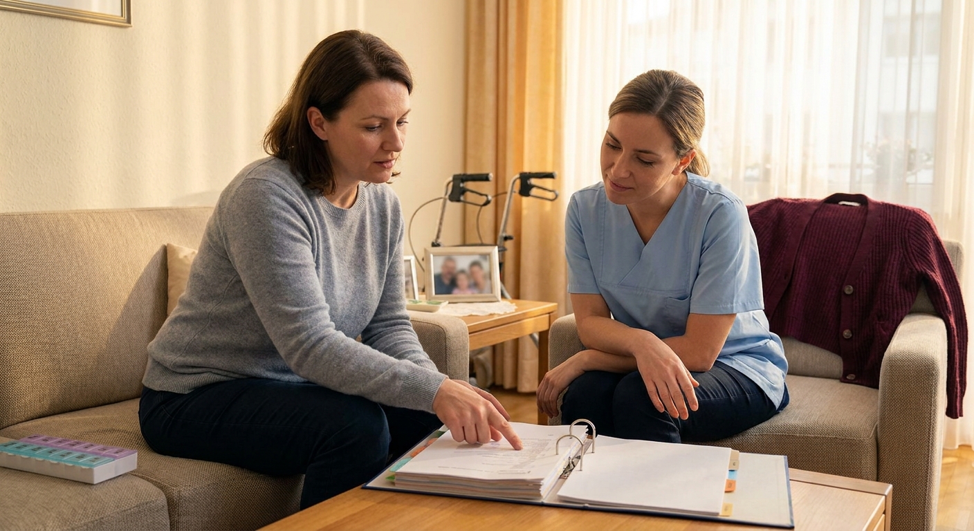 Pflegende Angehörige und Pflegekraft besprechen Übergabeunterlagen am Wohnzimmertisch in häuslicher Umgebung