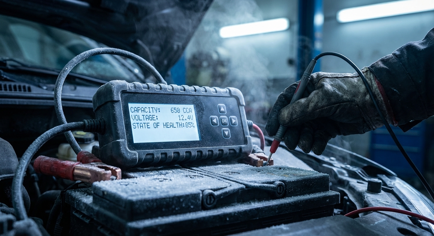 Professionelles Batterie-Diagnosegerät zeigt Kapazitätswerte an frostiger Autobatterie