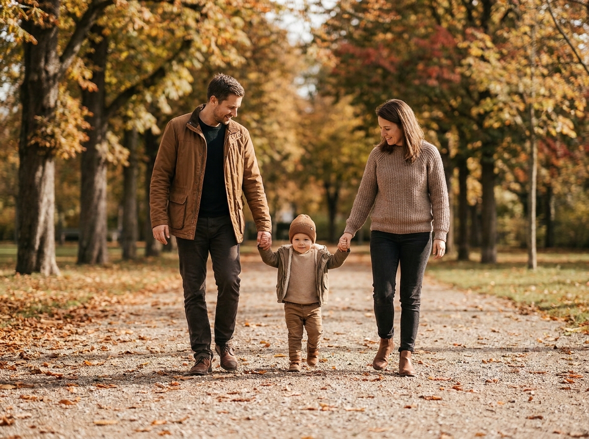 Vater und Mutter halten gemeinsam die Hände eines Kindes beim Spaziergang im Park